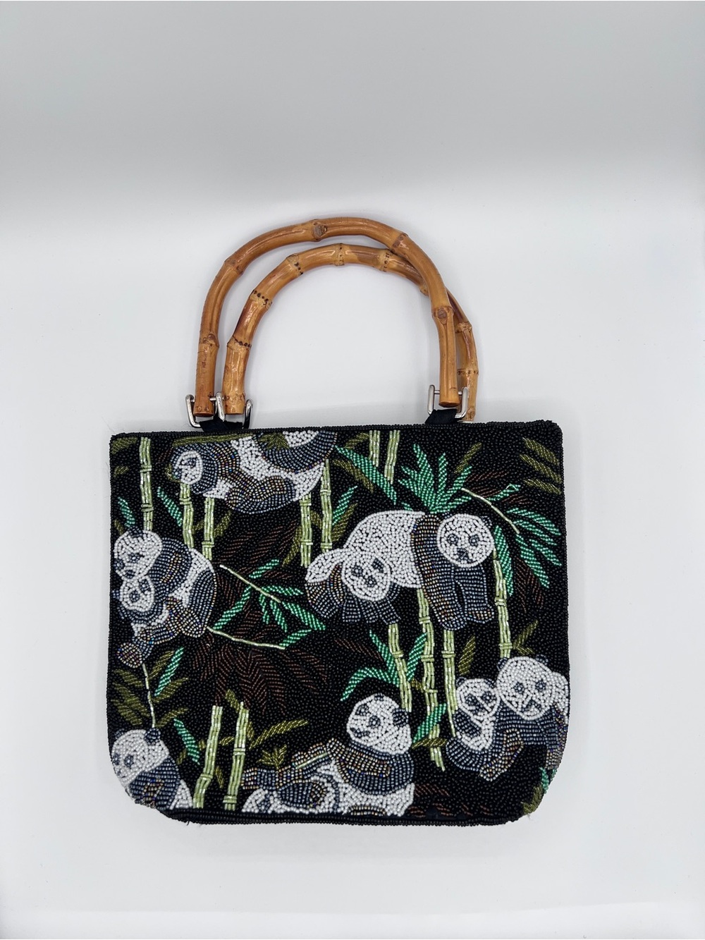 Vintage Exquisite Fully Beaded Panda Bag With Bamboo Handles Zipper Pocket